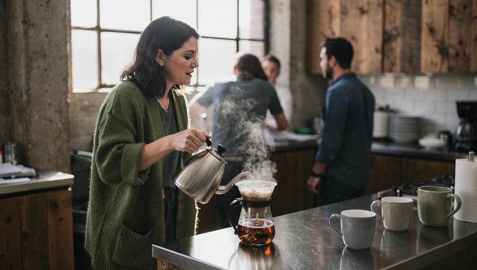 A woman in a green cardigan pours hot water from a kettle into a French press while talking in an office kitchen.