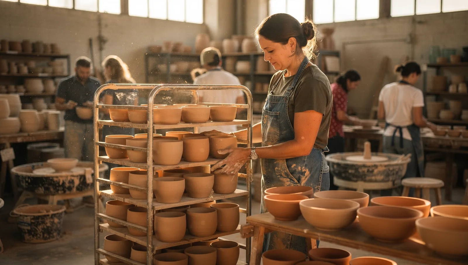 A woman in an apron arranges raw ceramic pots on wooden shelves in a sunlit pottery workshop.