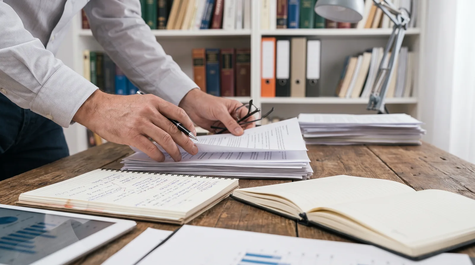 Professional organizing research documents and notes on wooden desk for information structuring work.