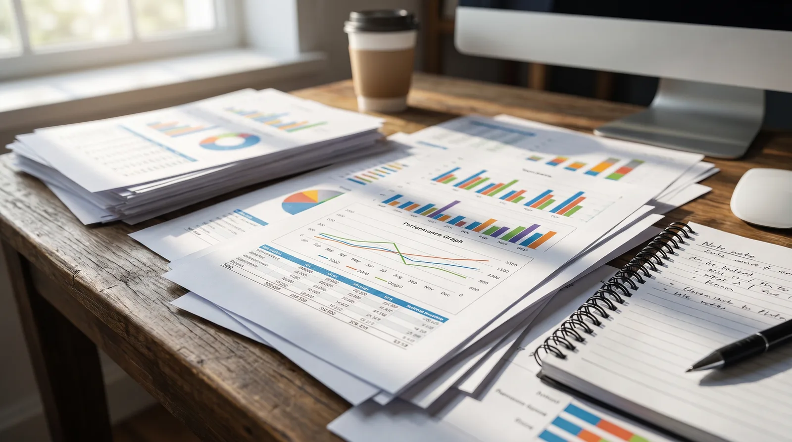 Escritorio de analista con informes de análisis impresos, gráficos de datos y gráficos de rendimiento con cuaderno y bolígrafo en natural