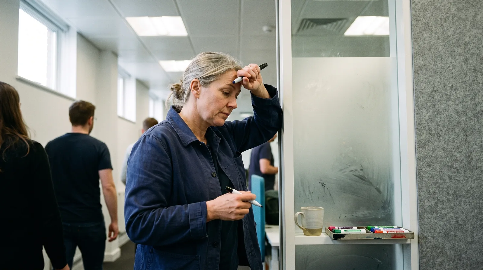 Woman with pulled-back graying hair rubs her forehead while holding a marker, standing by a frosted glass partition.