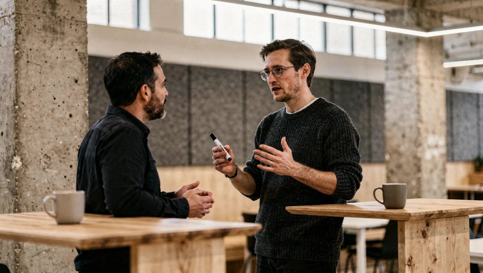 A person in glasses and a dark knit sweater gesturing while talking to a colleague at a standing desk in an open office.