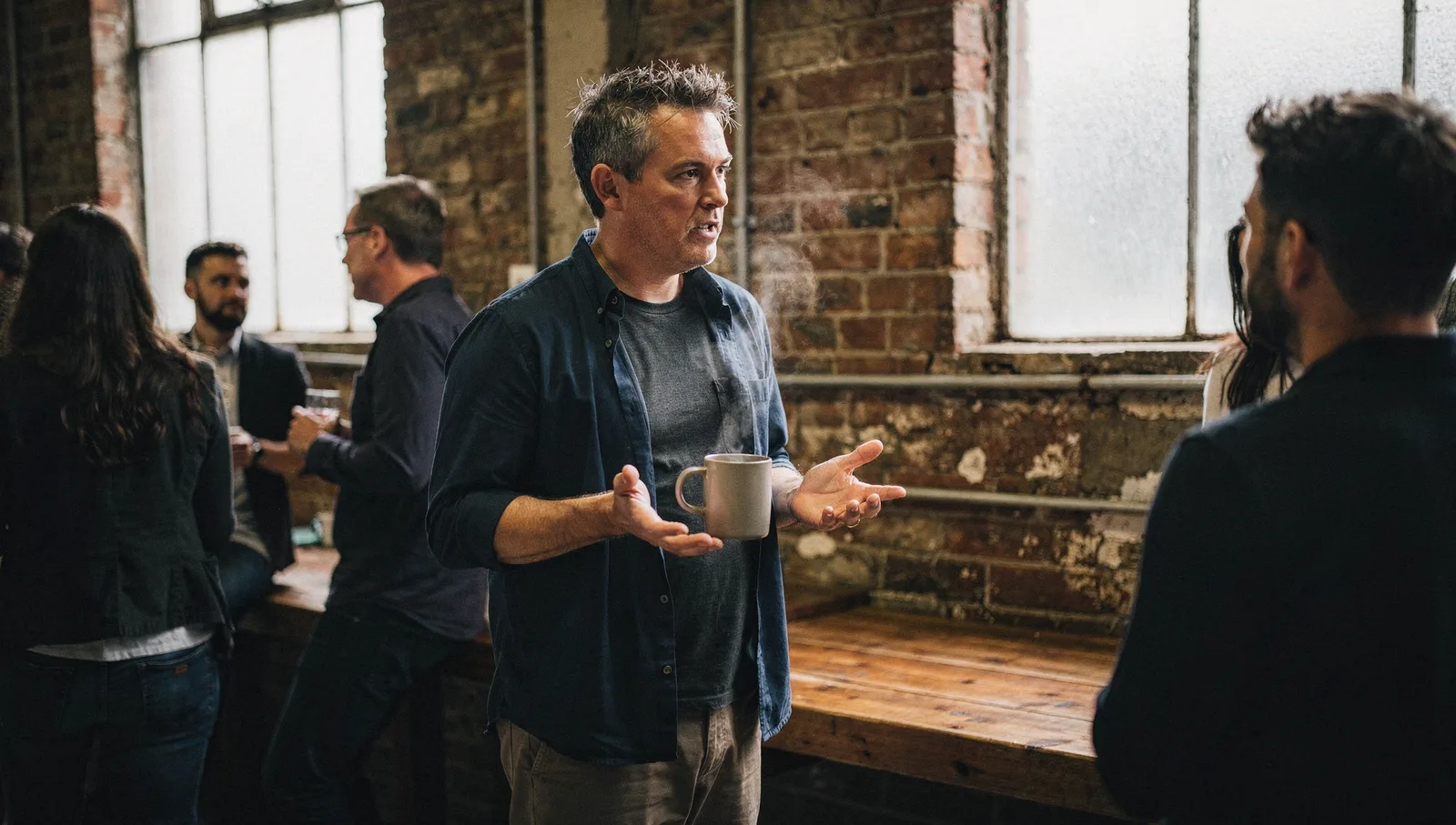 A consultant with salt-and-pepper hair talks with a colleague, gesturing with open palms in an office breakout area.