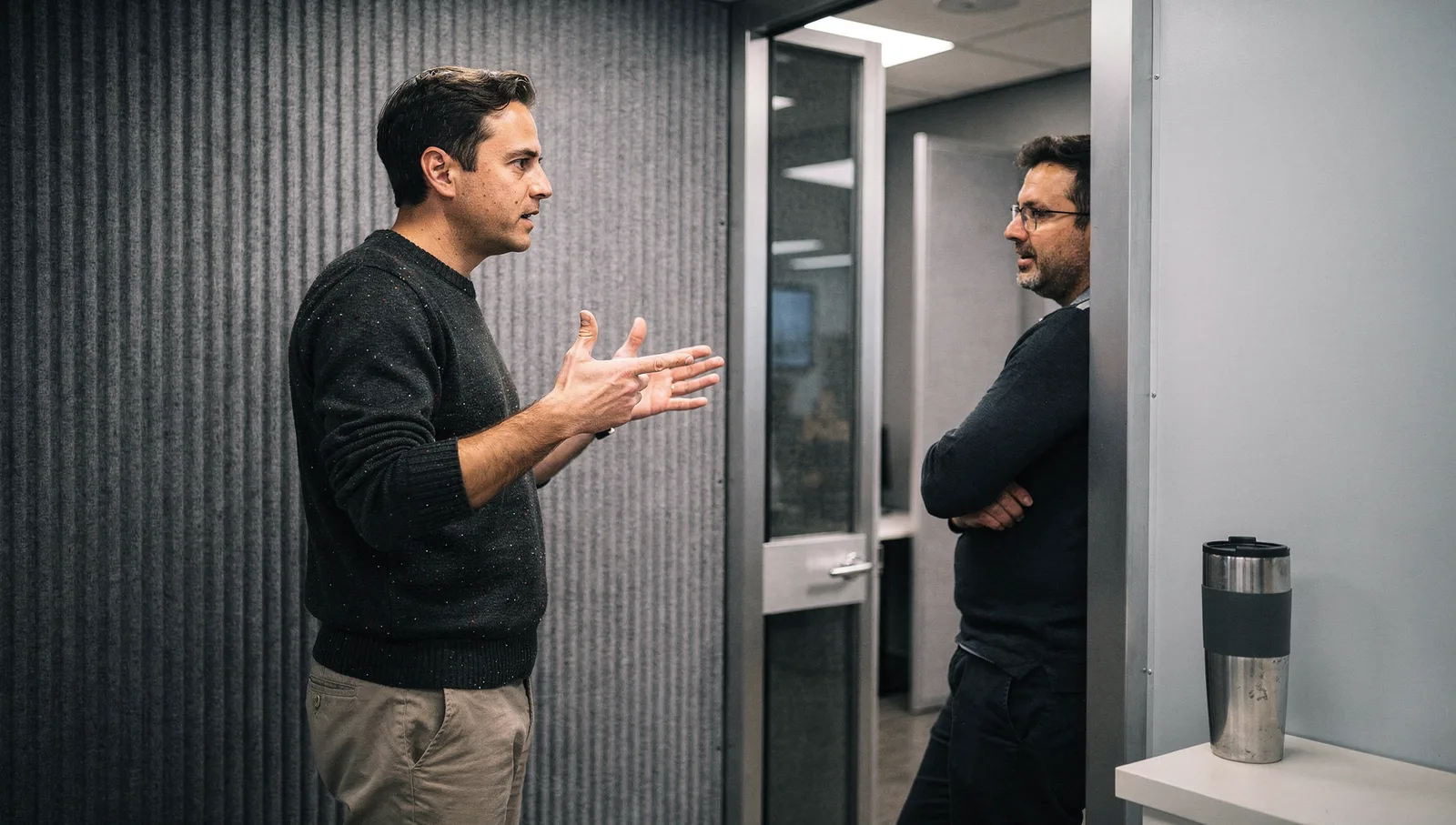 An engineer in a dark sweater gestures with his hands while talking to a colleague outside a soundproof office pod.