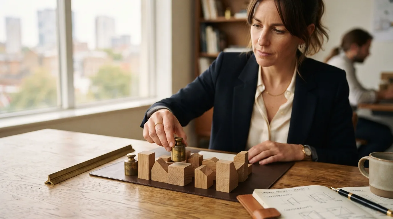 Hands arranging brass weights and miniature wooden blocks on an oak conference table in morning light.