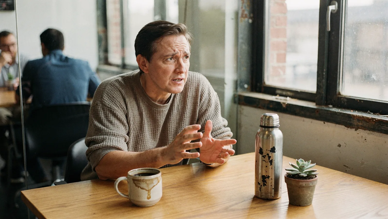 A person in a knit sweater gestures across an oak table in a glass meeting booth, with a coffee mug and thermos nearby.