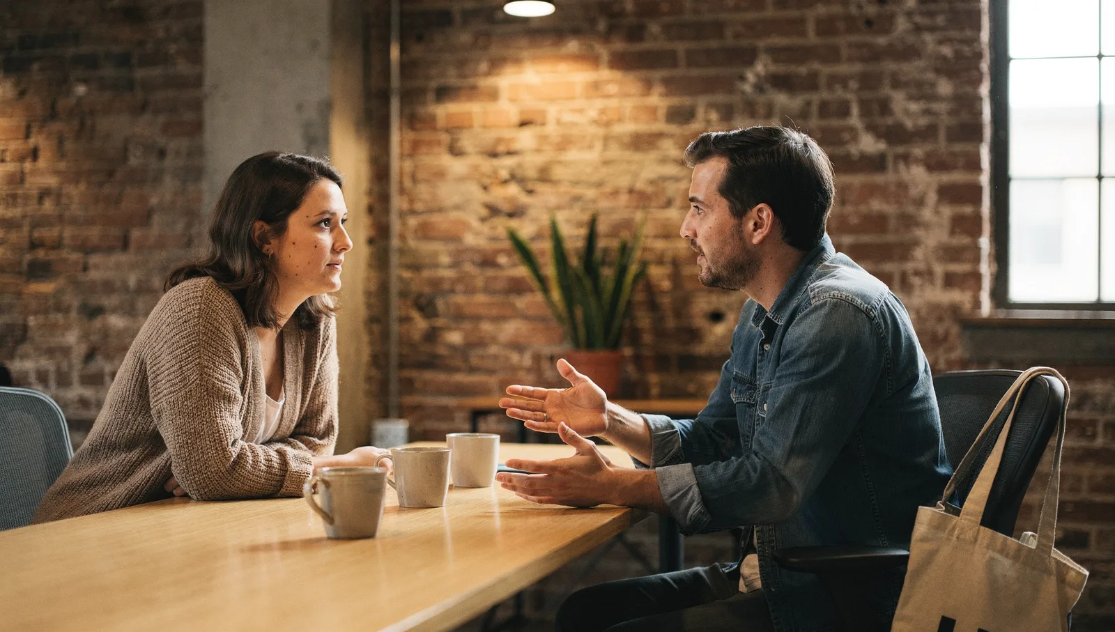 Two colleagues talking animatedly at a wooden table in an open-plan office loft with brick walls.