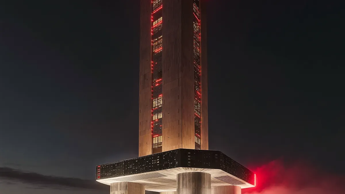 A colossal transmission tower with red light rings glowing up its full height.
