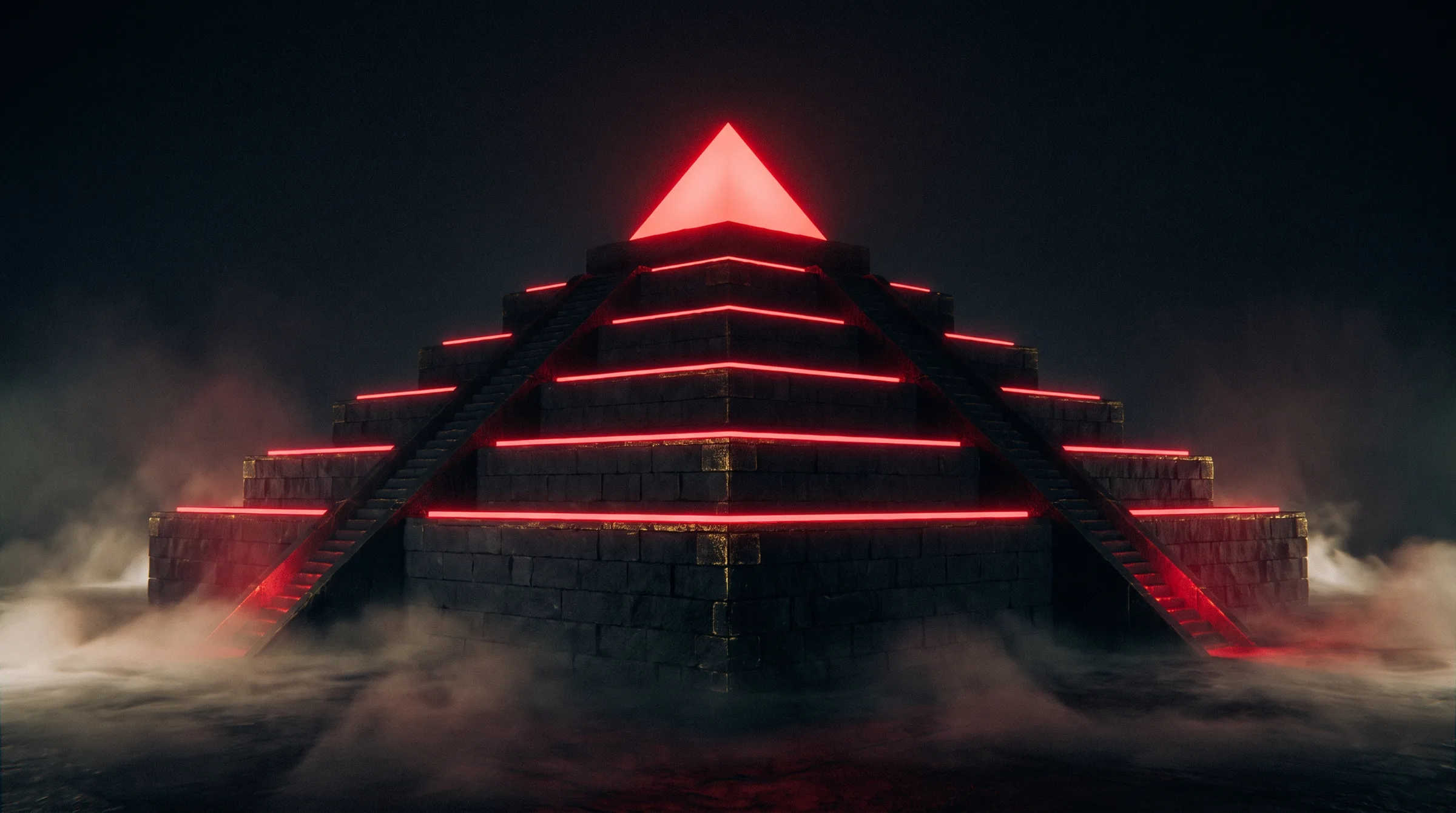 A stepped ziggurat building at night, every terrace edge-lit in red, brightest at the top.