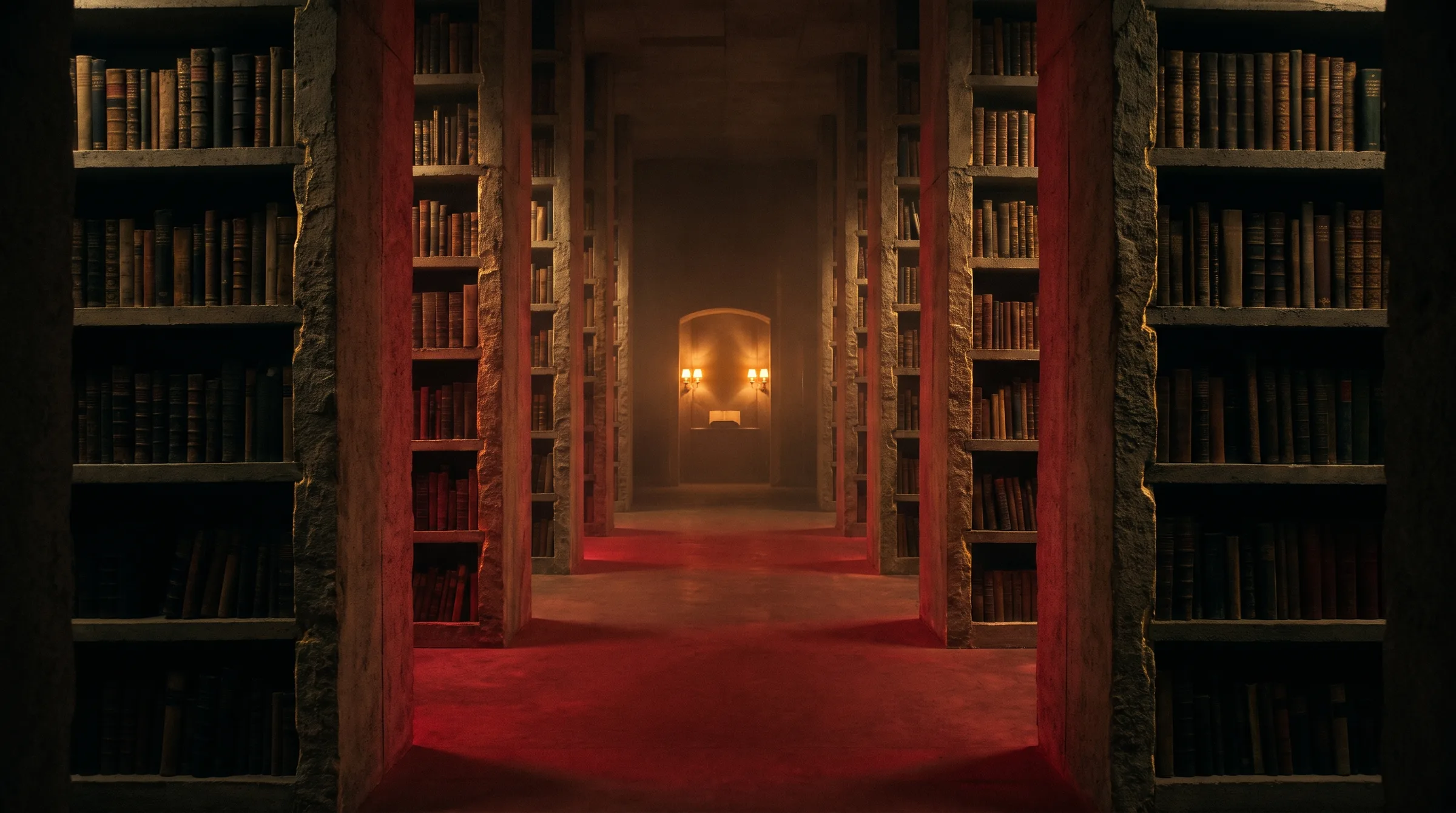 An immense dark archive hall, one aisle lit in red leading to a single bright alcove.