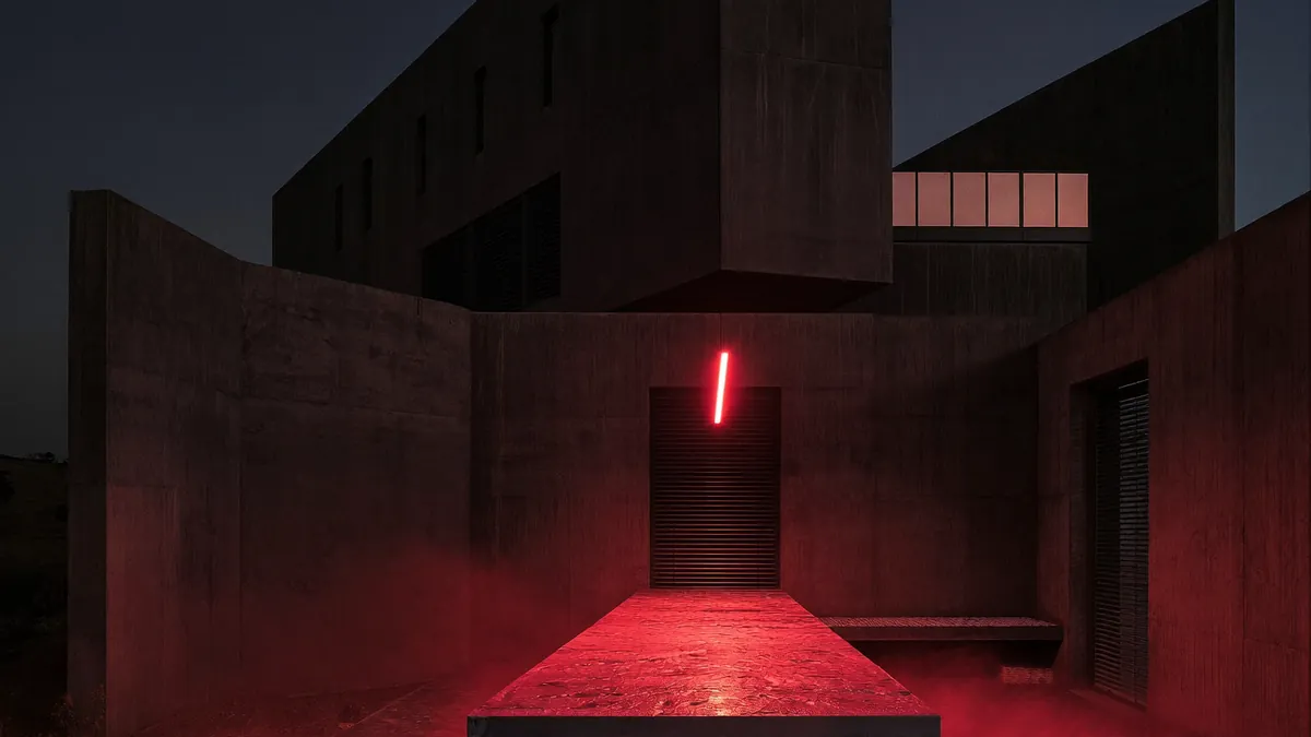 A bare concrete atelier at night, one long workbench lit by a single red light bar.